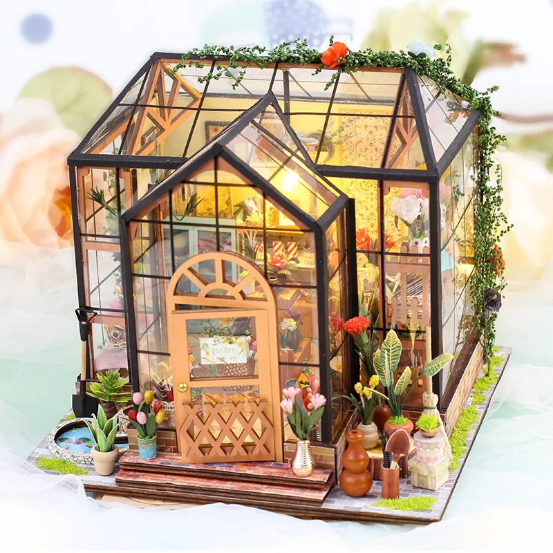 DIY ไม้ Miniature Model Kit Jenny Greenhouse Casa บ้านตุ๊กตา 3D ปริศนาตุ๊กตาพร้อมไฟเฟอร์นิเจอร์สําหรับของขวัญเพื่อน