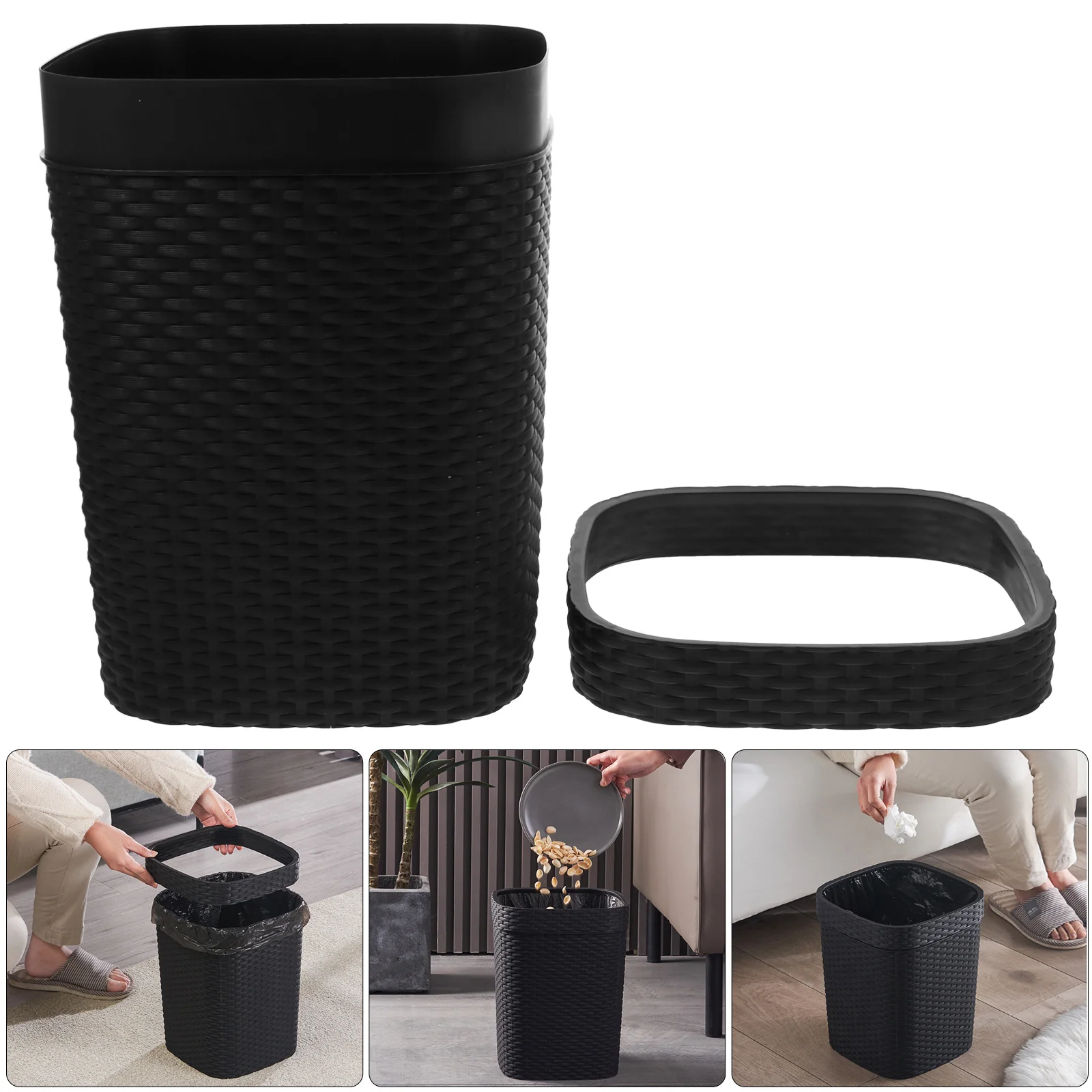 

Woven Style Trash Can Premium Plastic Waste Bin For Kitchen Living Room Bathroom Thickened Non-Slip Base Large Mouth