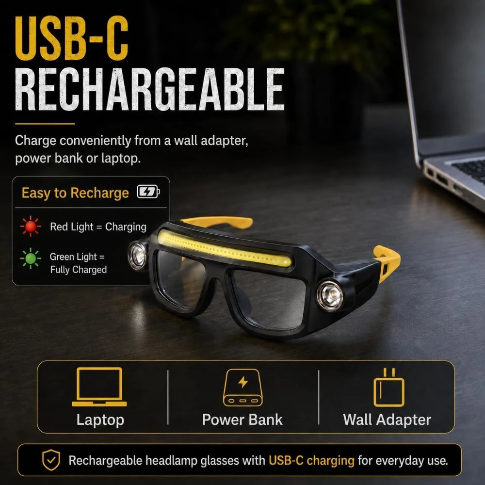 USB Rechargeable Head Mounted Glasses Lamp IPX4 Waterproof 5 Light Modes Outdoor Hiking Night Fishing LED Eyeglass Headlamp