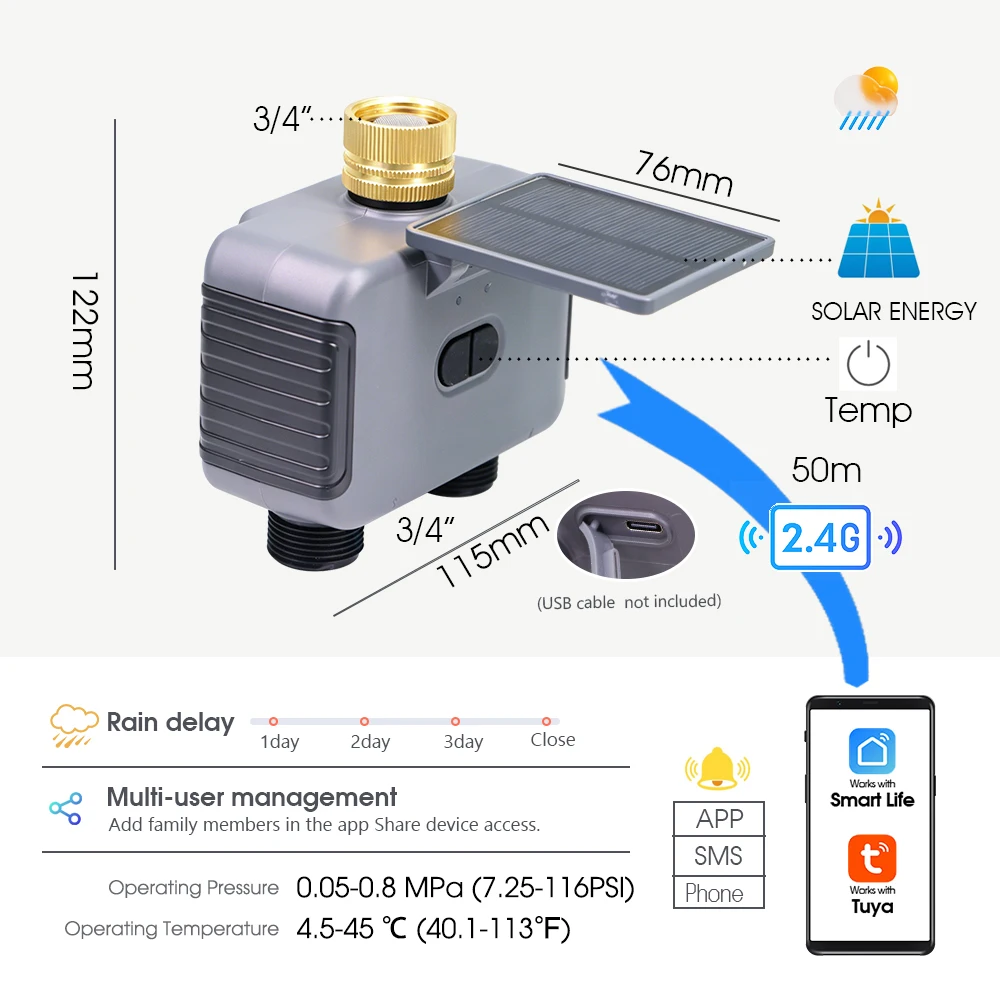 Tuya Smart Solar 2-Zone Wifi Timer  IP55 2-Way Garden Timed Irrigation Controller APP Remote Control Automatic Watering System