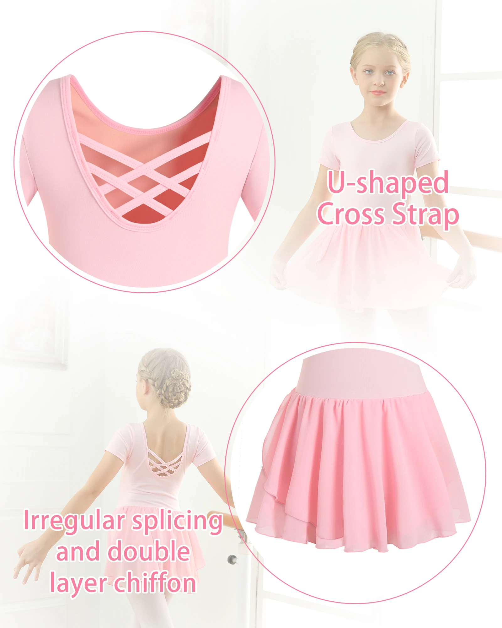 Body da balletto a maniche corte per ragazze con gonna Abito da ballo incrociato sul retro per bambini Abiti da balletto per bambini