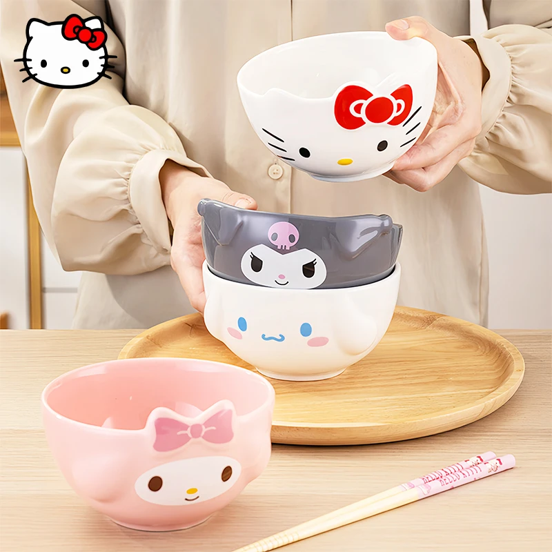 

New Kawaii Sanrio HelloKitty Children's Tableware Kuromi MyMelody Cute Cartoon Girl 3D Ceramic Fruit Salad Bowl Home Tableware