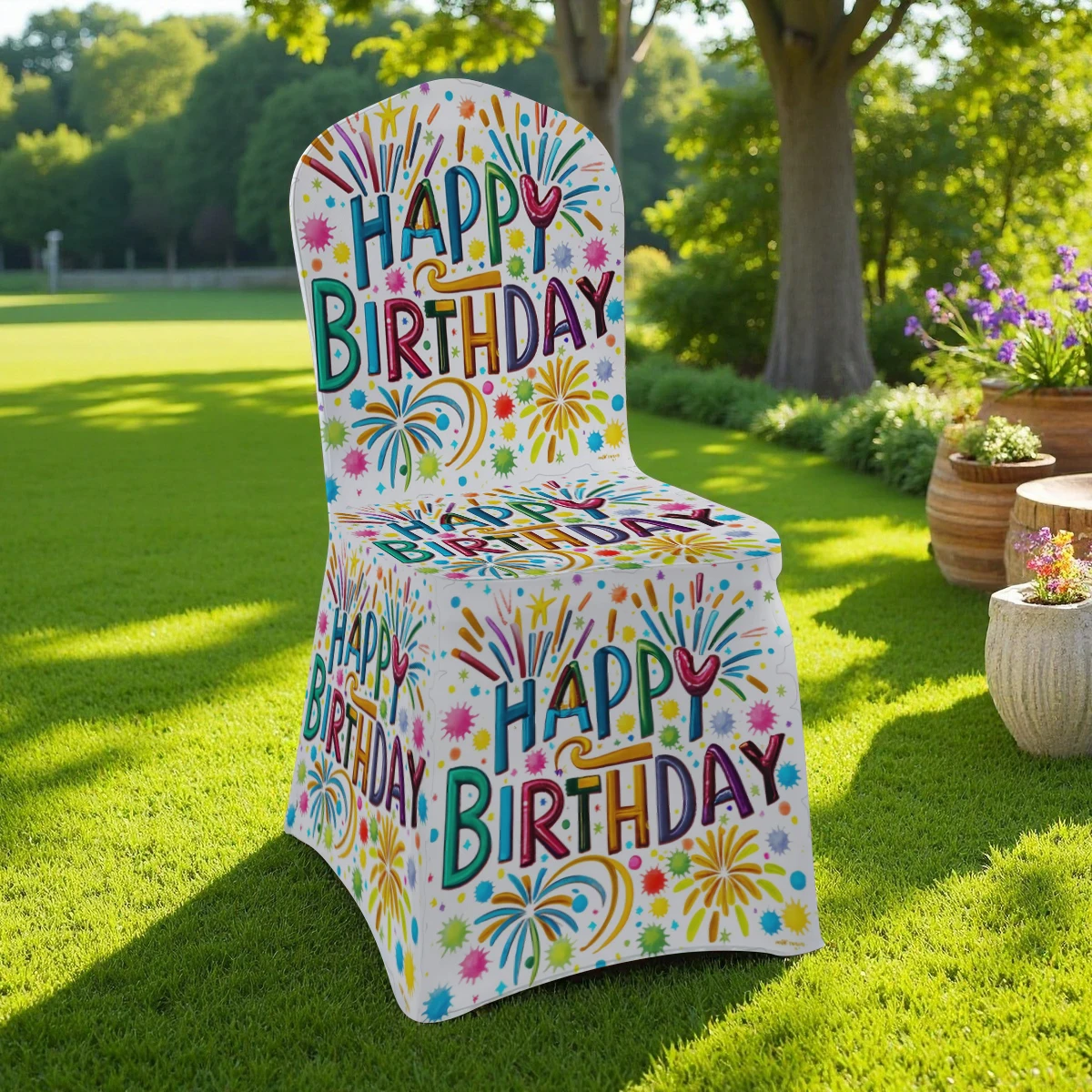 2D Happy Birthday  Printed Full - Coverage Chair Cover, Elastic & Universal - Size for Hotel/Home