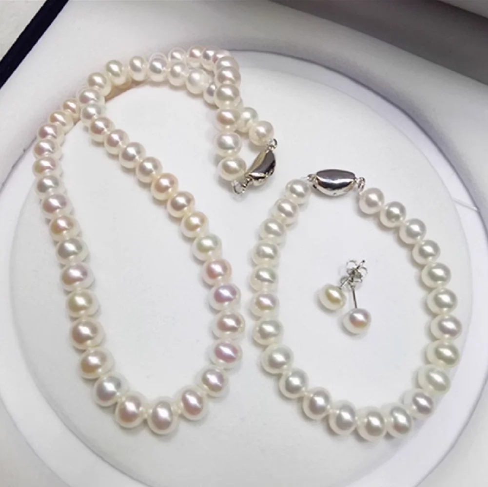 

Natural Pearl Bracelet 7.5-8in Necklace Earrings AAAA7-8mm 8-9mm Necklace 18in Set 925s