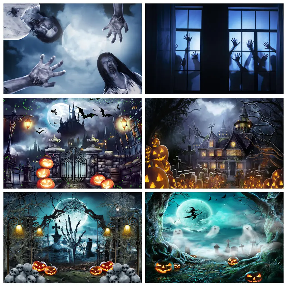 

Horror Halloween Photography Backdrop Scary Forest Cemetery Bloody Zombie Demonic Pumpkin Halloween Party Photo Background Decor