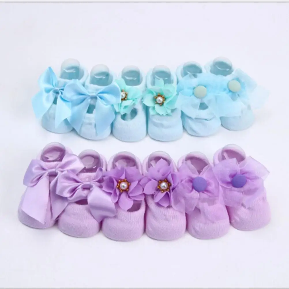 1 par de meias de algodão para bebês, meias para meninas, recém-nascidos, anti-renda, flor, laço, laço, tamanho (azul celeste, estilo aleatório)