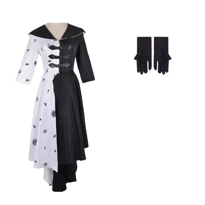 Cruella De Vil Cosplay Costume 2 Styles Women Gown Black White Maid Dress with Gloves Hoodie Skirt Wigs Outfits Halloween Party