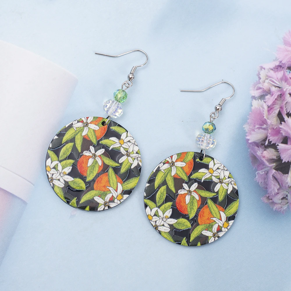 New Fashion Vintage Relievo Printing Orange Flower Round Acrylic Earrings For Women Vintage Style Trend Products Girls Jewelry