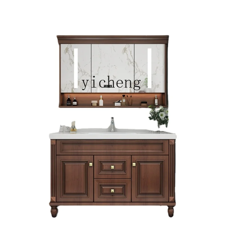 Zc Ceramic Integrated Basin Bathroom Cabinet Hand Washing Basin Cabinet Combination Solid Wood Oak Washstand