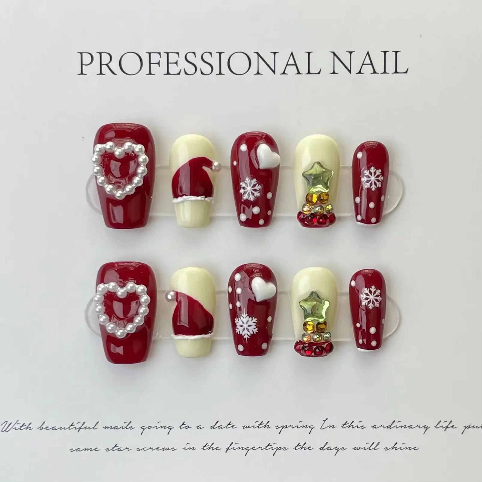 10Pcs Christmas Red Fake Nails Press on Hand-painted Snowflake with 3D Pearl Heart Star Design False Nail Full Over Manicure Tip