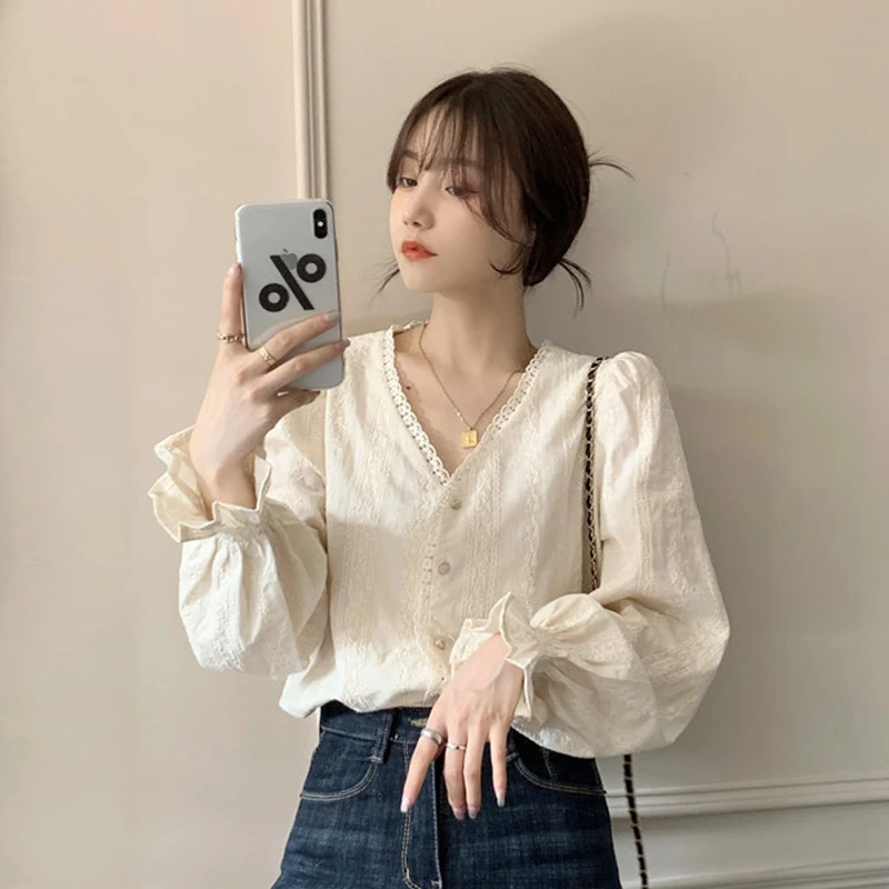 

tops New Spring Autumn Korean fashion Hollow out Crochet blouse Casual Long Sleeve Shirt blusa feminina