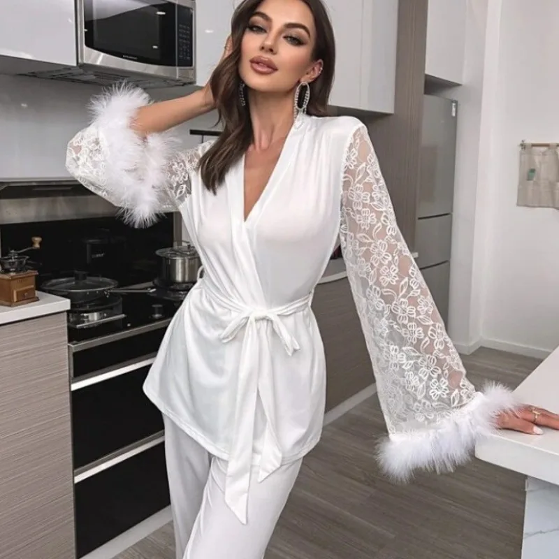 Women V-Neck Lace Hollow Long-Sleeve Pajama Set Woman Robe Pants Comfortable Lightweight Home Wear Lady Lace Loungewear Ladies