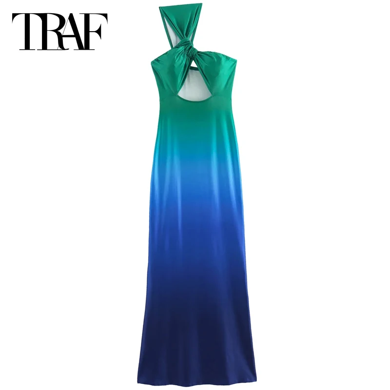 TRAF Tie Dye Asymmetric Dress Women Dress Summer 2024 Midi Satin Cut-Out Sleeveless Backless Dresses Luxury Ladies Elegant Dress