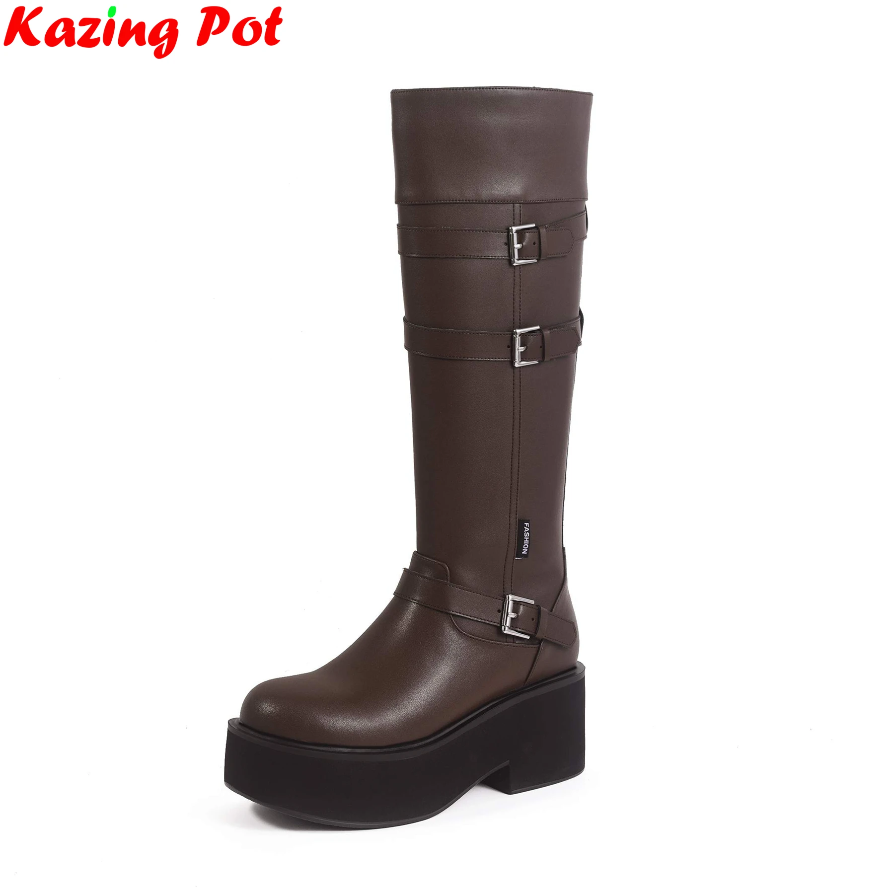 

2026 Cow Split Leather Round Toe High Heels Thigh-high Riding Boots Warm Winter Shoes Belt Buckle Platform Women Knee-high Boots