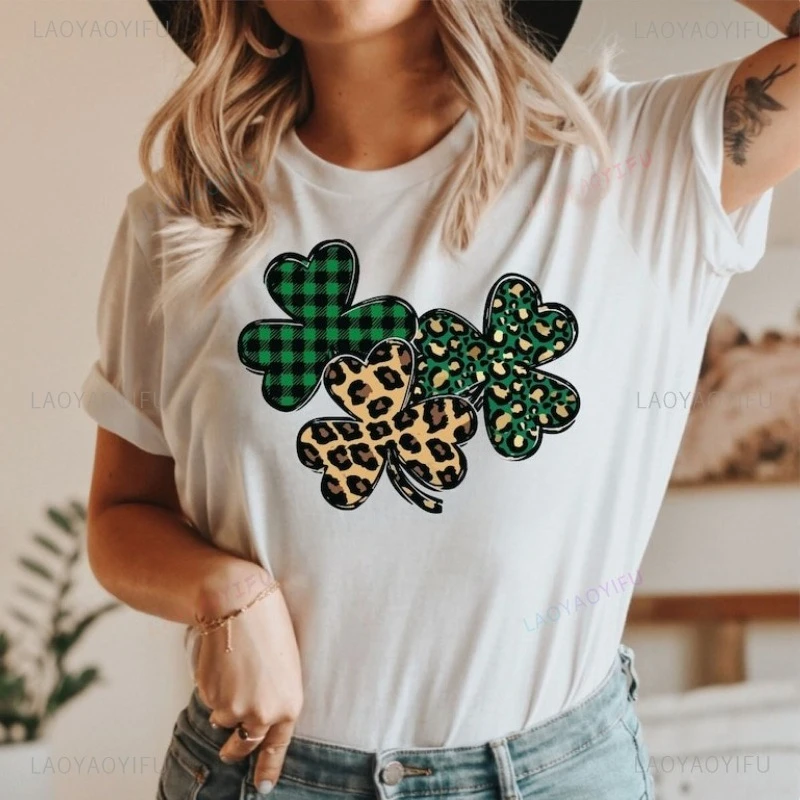 Irish Shirt St. Patrick's Day Cotton T-Shirt for Women St. Patrick's Shirt for Men Luck of The Irish Shamrock Leopard Outdoors