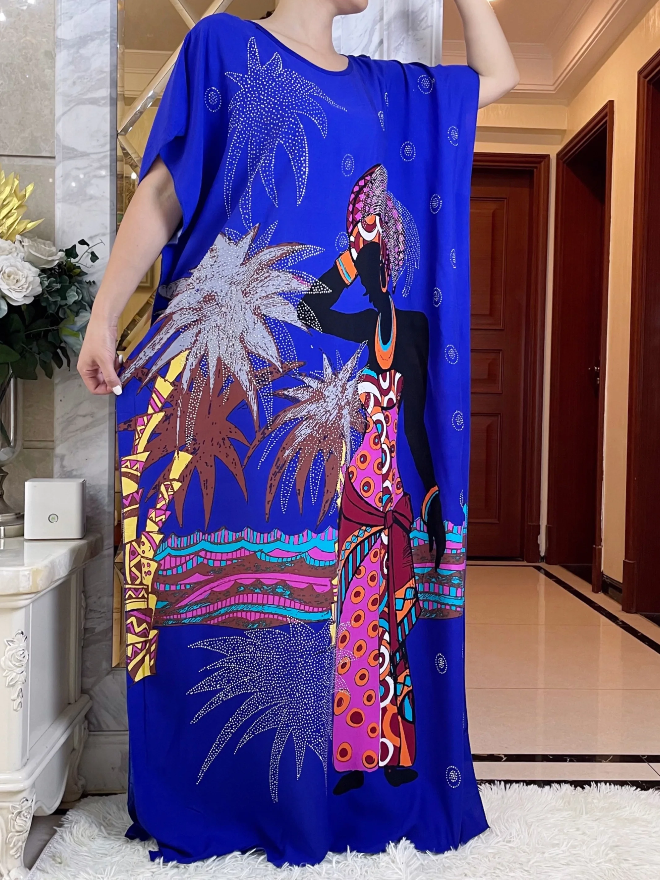 2023African Women\'s  Summer Dress With Big Scarf  Diamond Cotton Abaya Printed Fabric Muslim Femme Maxi Casual Outfit