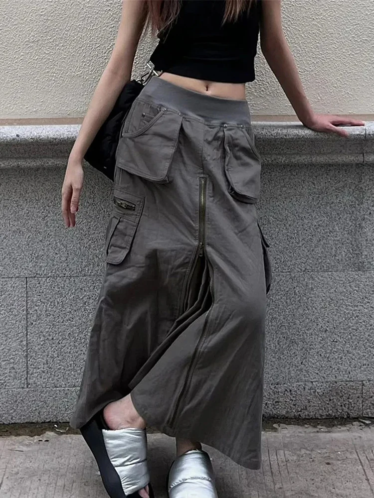 HOUZHOU Cargo Skirt Long Women Vintage Harajuku High Waist Pocket Patchwork Zipper Split Grunge Straight Skirt Y2k Streetwear