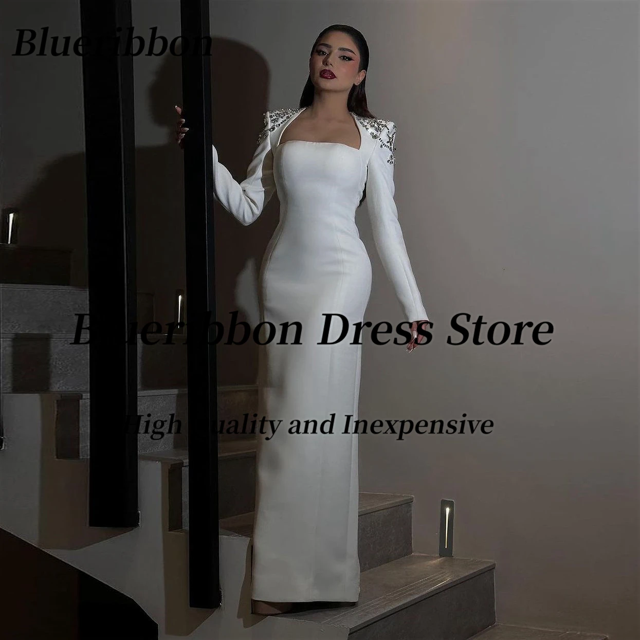 Blueribbon-vestidos de noche con cuello cuadrado para mujer, elegantes vestidos de manga larga con cuentas, vestido de fiesta de graduación, hasta el suelo, vestido de invitados de boda