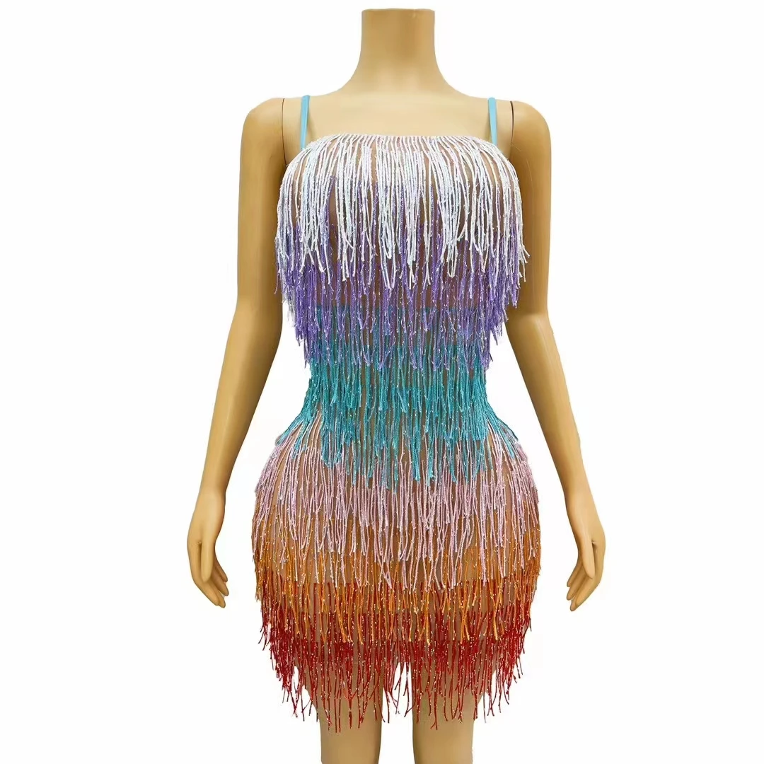 

Women Sexy Stage Colorful Tassels Dress Birthday Graduation Celebrate Fringes Sling Short Dress Singer Model Show Club Costume