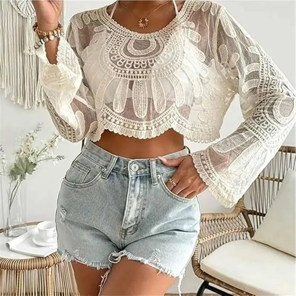Halbtransparentes Cover-Up mit Blumenstickerei für Damen, langärmelig, Rundhalsausschnitt, Boho-Spitzenoberteil für Damen, durchsichtiges Strand-Coverup für den Außenbereich