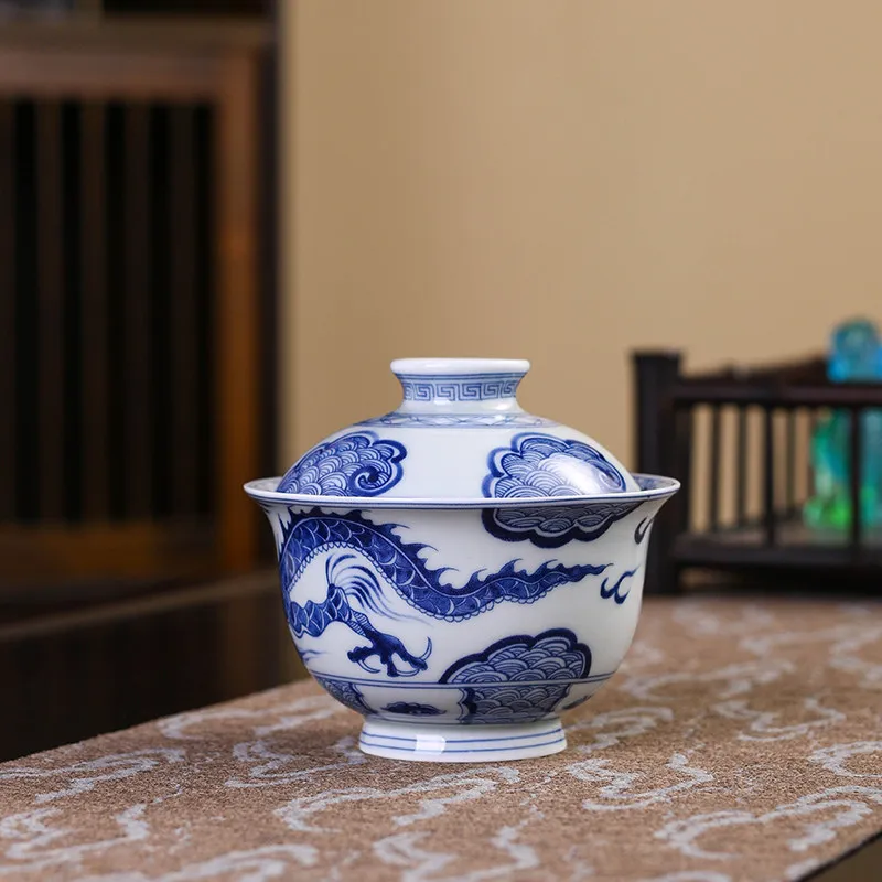 High-End Jingdezhen Blue and White Flowers Wear Yunlong Hover Two Tureen Not Hot Tea Brewing Bowl Household Ceramic Cup Large