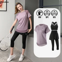 Plus Size Women Yoga Mesh 3 Piece Set Fitness Gym T-Shirt+Bra+Pants Running Sportswear Clothing Workout Suits Breathable Sets