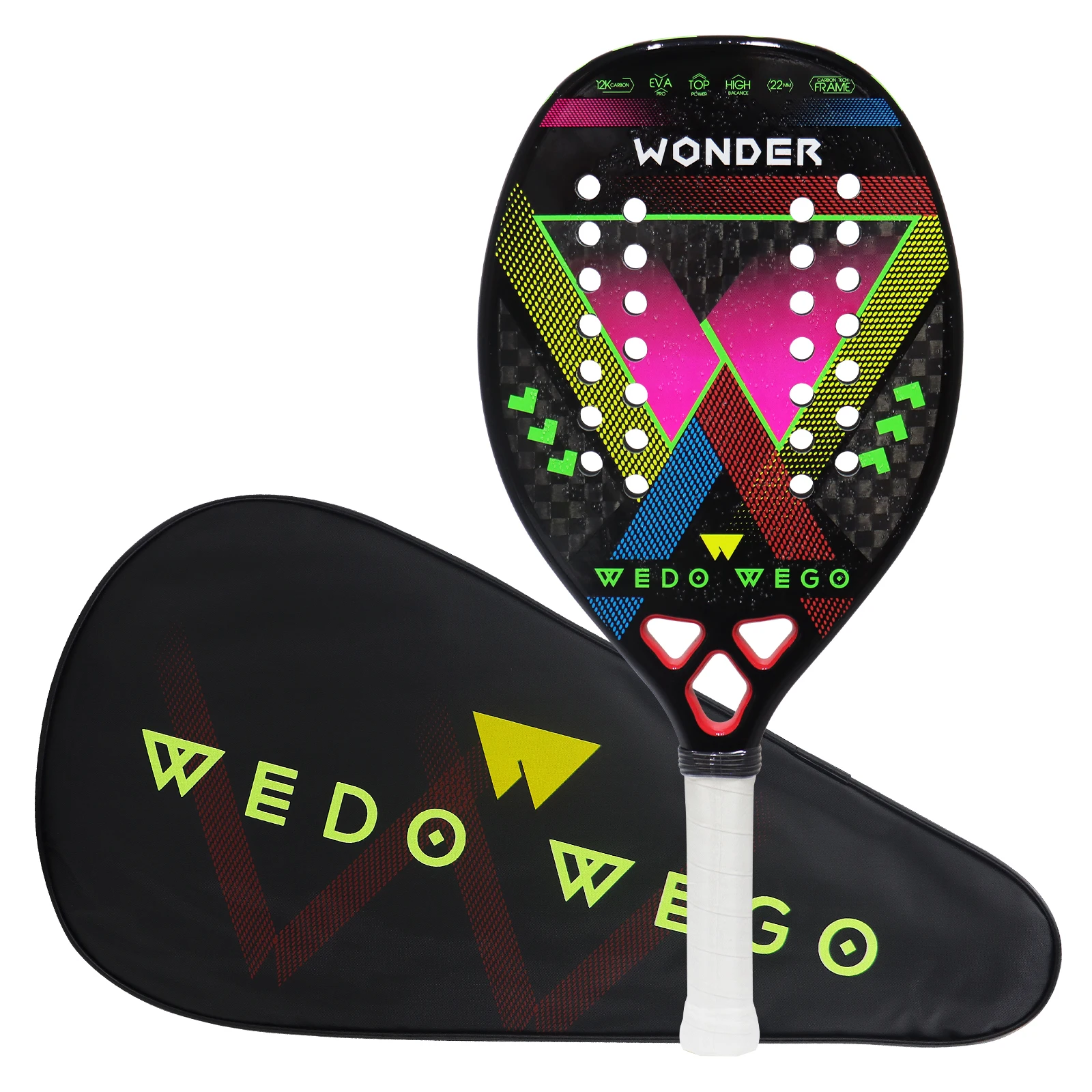 Racket Beach Tennis 3K/12K/Kevlar Full Carbon Fiber Frame, EVA Memory Foam Core, Rude Surface Treatment Racket with Cover