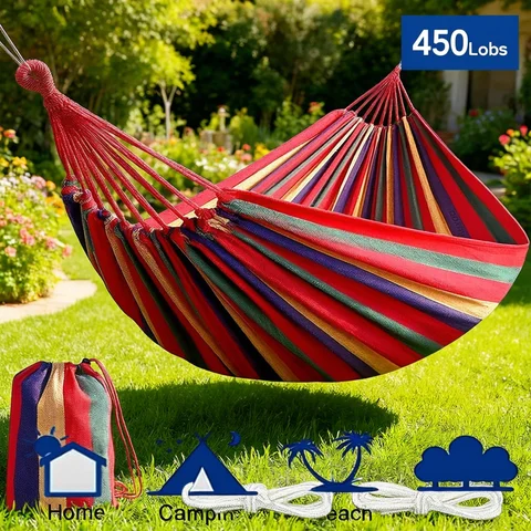 Double Hammock 2 Person Canvas Cotton Hammock with Tree Straps for Patio Garden Backyard Outdoor and Indoor (Red, Blue)