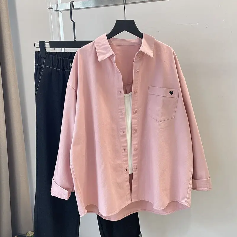 

Outer Shirt for Women Loose Casual Polo Collar Love Embroidered Shirt Design Long Sleeve Single-breasted Top