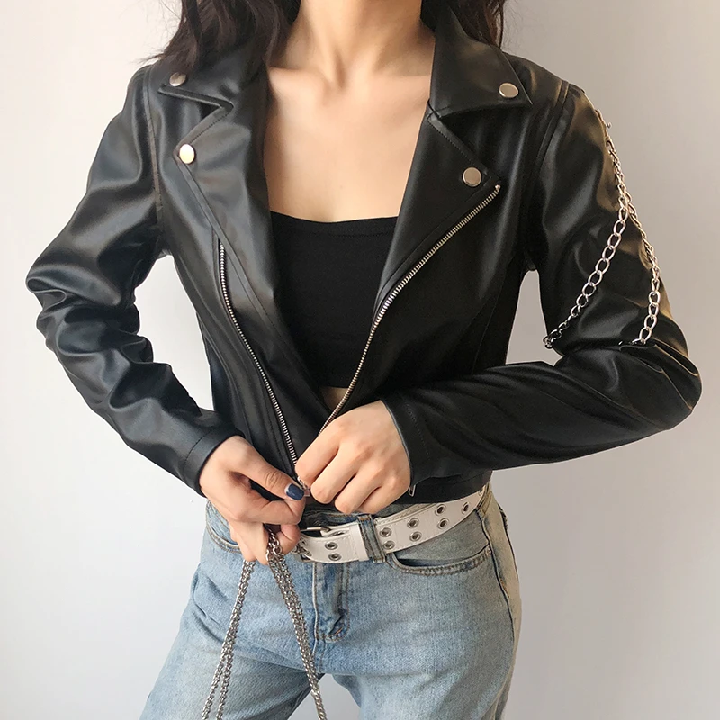 ZURICHOUSE Punk Leather Jacket Women Spring 2024 Streetwear Personality Chain Design Long Sleeve Faux Leather Cropped Jacket