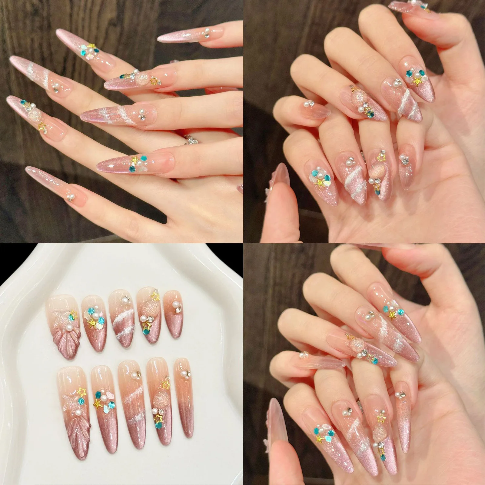 10pcs Glitter Cat Eyes False Nails Pink Ocean Fantasy Style Handmade Press on Nail Tips for Wedding Party Wearable Fake Nails