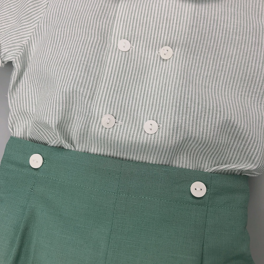 Children Boutique Spanish Clothing Boys Girls Striped Set Short Sleeve Green Cotton Linen Set Sister Brother Clothes Outfit