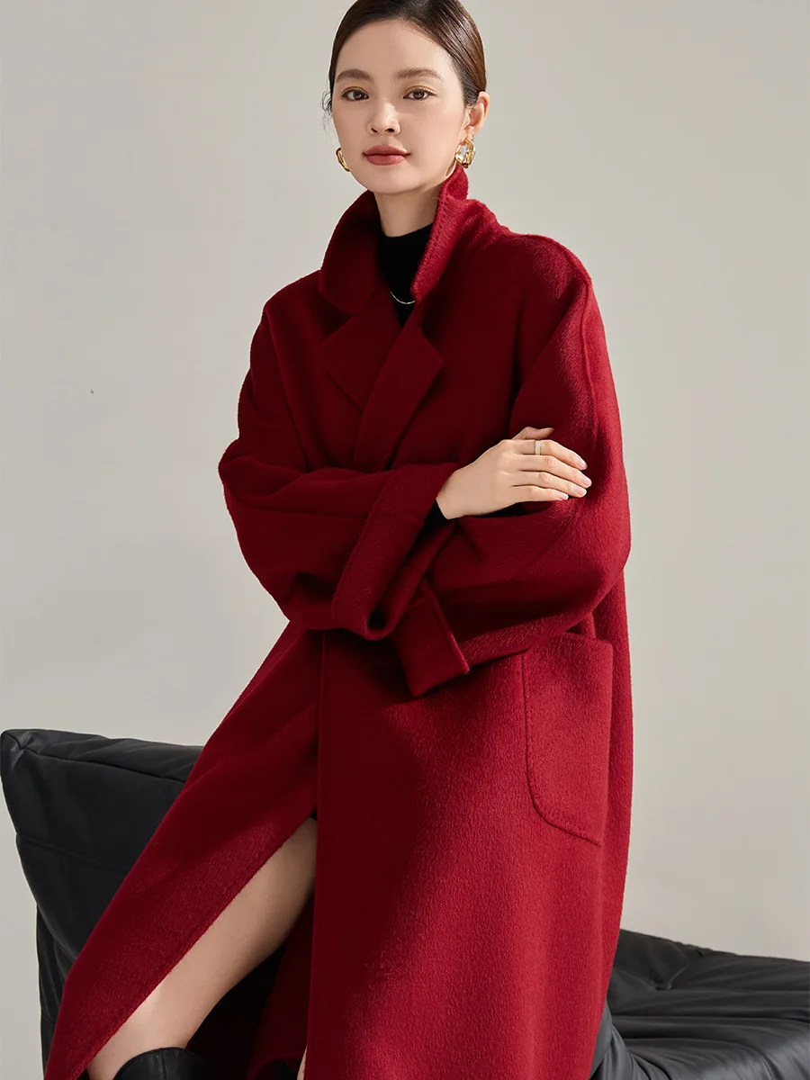 Winter Long Wool Coat Women's Red 100% Wool Coat Female 2024 Winter New Bathrobe Style Autumn Loose A-line Coat Commuter