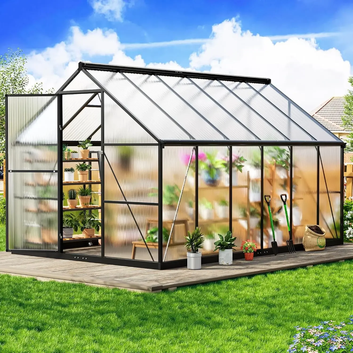 8×12 FT Walk-in Polycarbonate Greenhouse for Outdoor | Quick Setup Heavy Duty Aluminum Green House with Roof Vent, Customized
