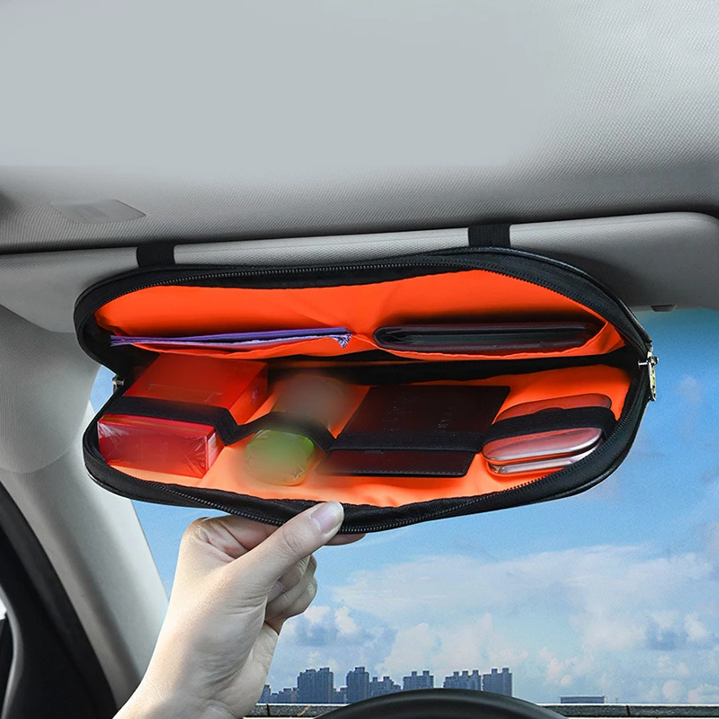Car Sun Visor OrganizeCar Sun Visor Organizer Multi-Pocket Storage Pouchr Multi-pocket Zipper Auto Truck SUV Storage Pouch Bills Pen Card Glasses Holder Car Accessories Gadget 2