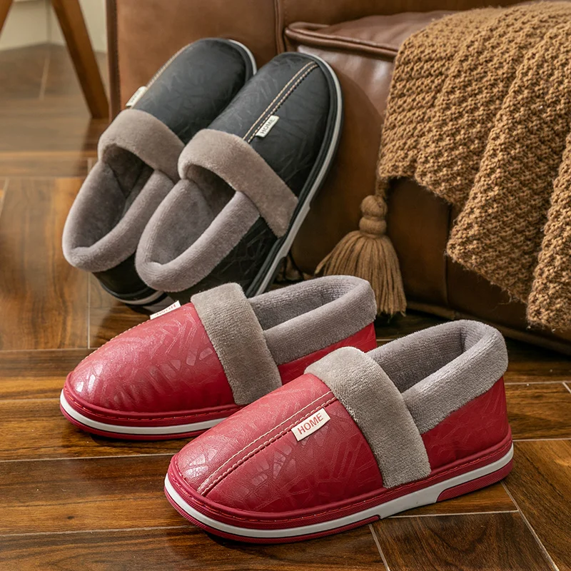 

Men's Plus Size Winter Slippers Household PU Leather Shoes Women Indoor Waterproof Fur Cotton Couple Bedroom Slippers Flat Shoes