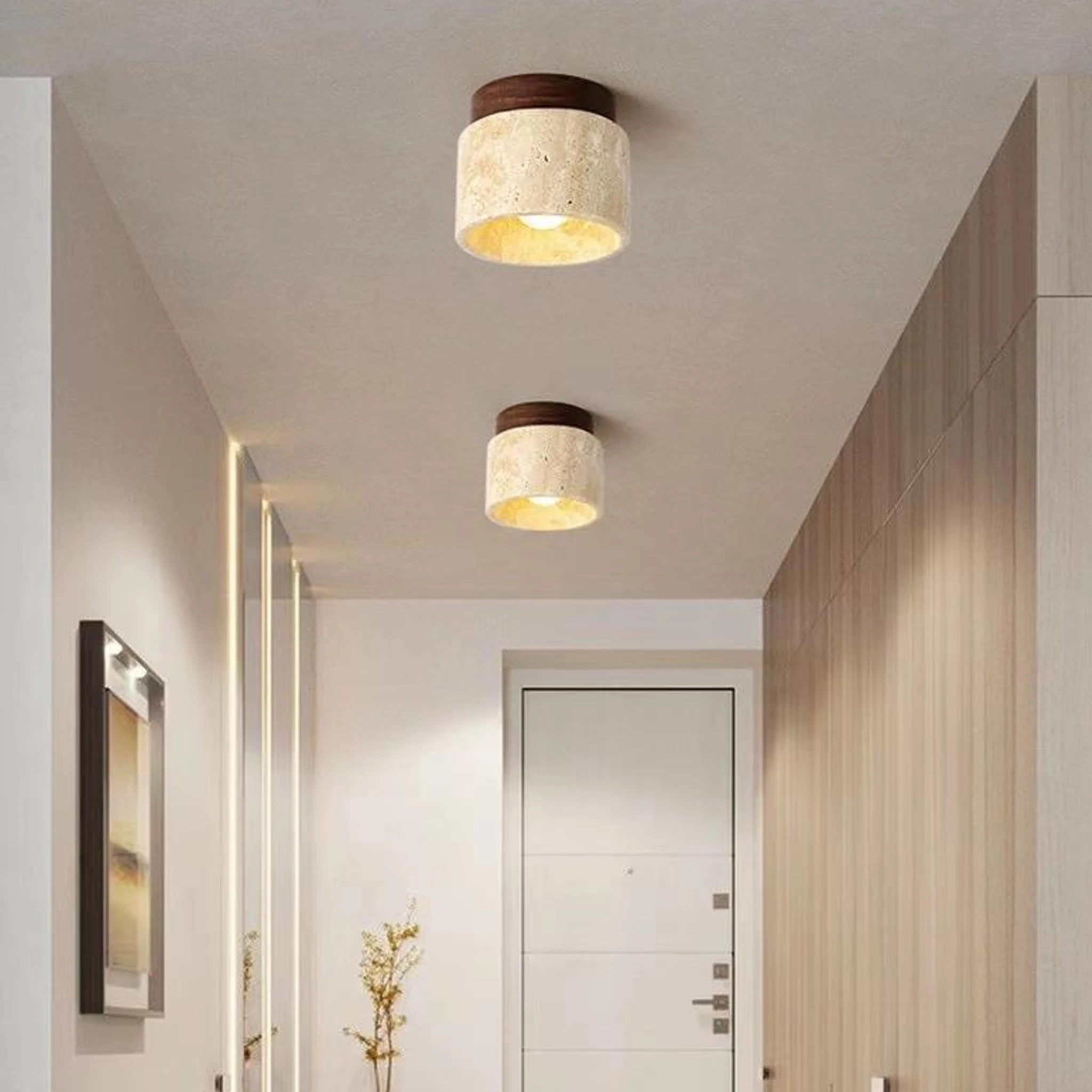 Yellow Travertine Ceiling Light Vintage Natural Stone Wabi Sabi Ceiling Lamp Living Room Bedroom Hallway Kitchen Indoor Lighting