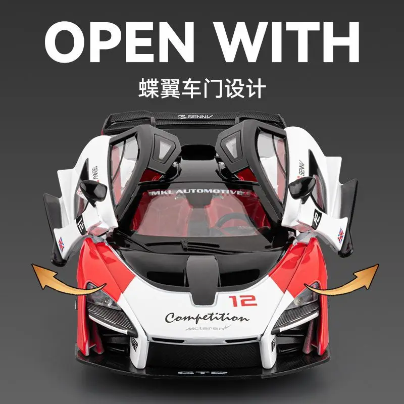 1:24 McLaren GTR Diecast Alloy Supercar Model 3 openable Parts Sound Light Pull Back for Car Collectors Hobby Display view 5