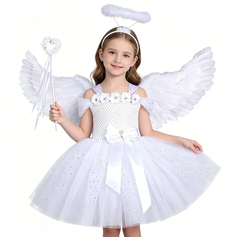 Sequined Heavenly Spirit Mesh Outfit with Soft Full Skirt, Great for Stage Recitals and Angel-themed Costume Contest Gatherings