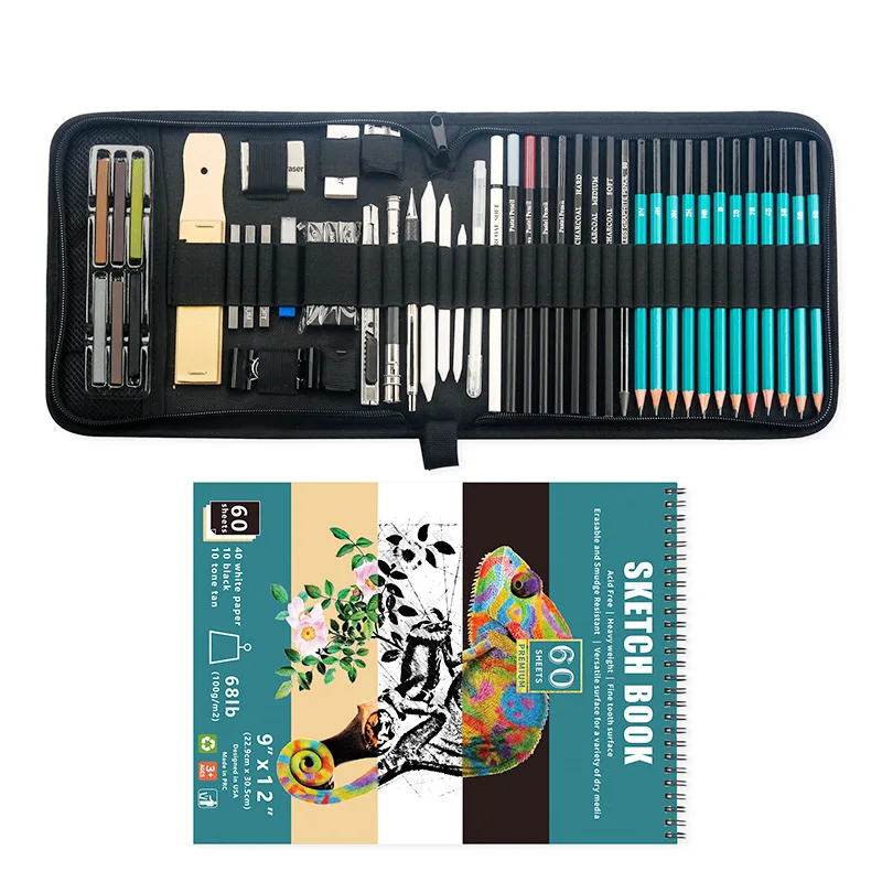 2023 New 50 Pieces Portable Tote Bag Black Nylon Wood Metal Pen Environmental Protection DIY Educational Art Set