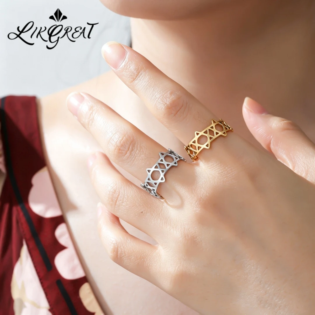 Anillo Ajustable con Estrella de David, Banda Hueca de Seis Puntas, Acero Inoxidable, Amuleto de Protección Espiritual Judía, Joyería