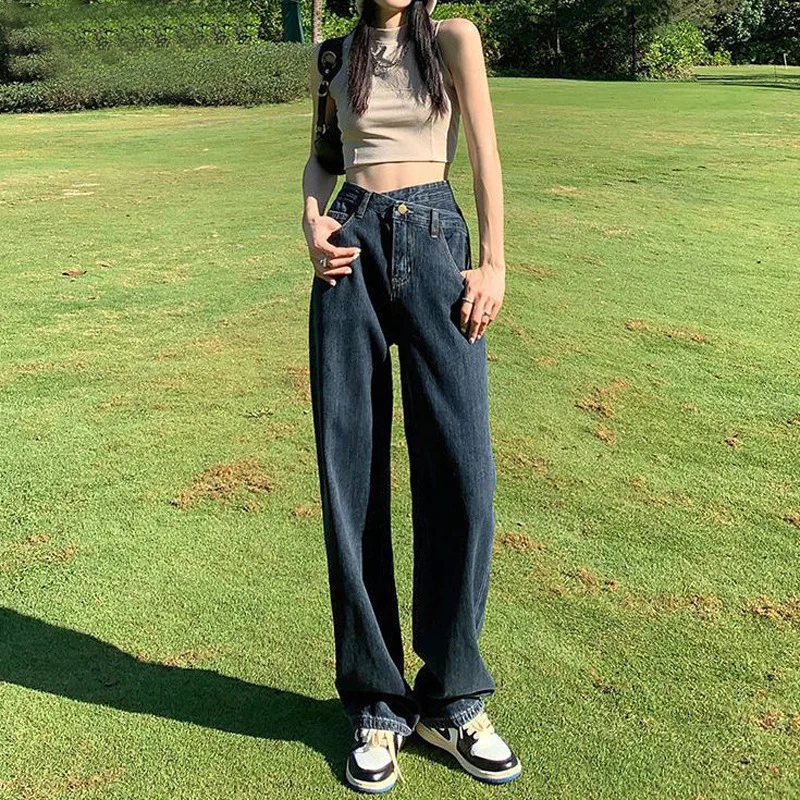 

High Waist Wide Leg Jeans Asymmetric Buckle Autumn Winter Women's Loose Straight Casual Floor-Length Pants