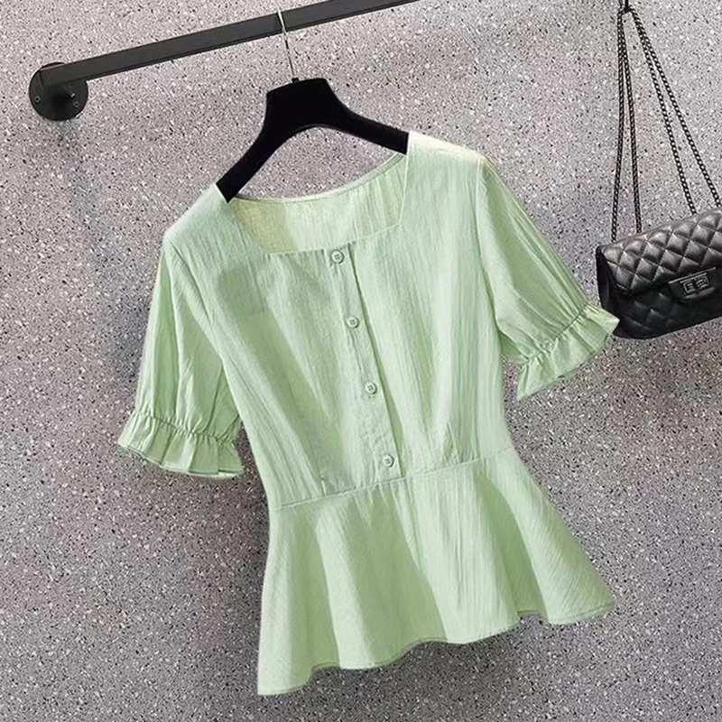 Set dua potong sederhana dan elegan untuk wanita, atasan warna solid dengan kerah persegi serbaguna dan anti-penuaan + celana melebar untuk musim panas.