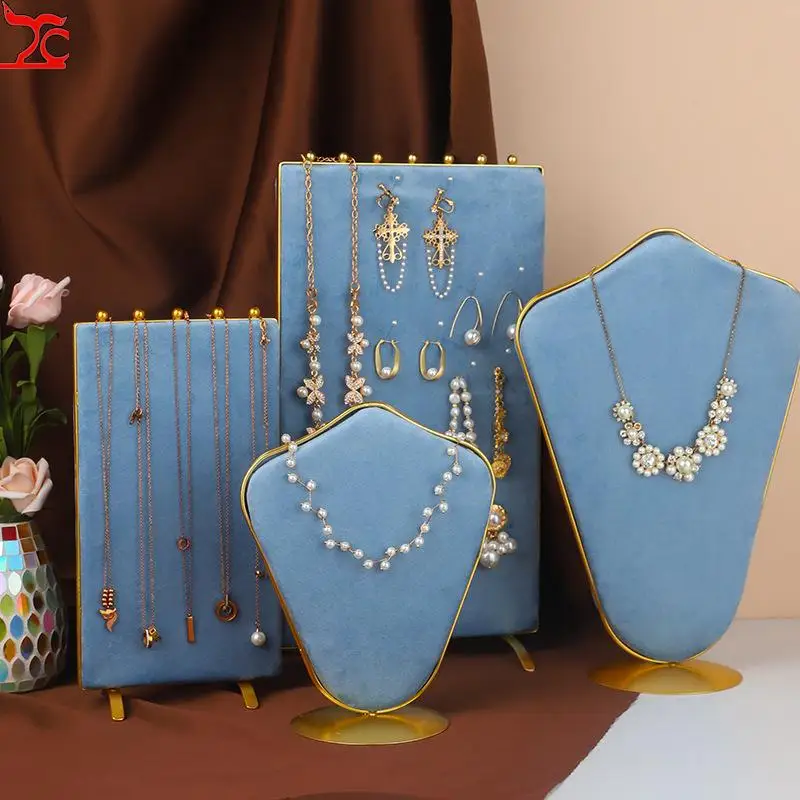 High-End Shopping Mall Jewelry Counter Display Props Light Blue Double-Sided Velvet Necklace Earring Display Accessories