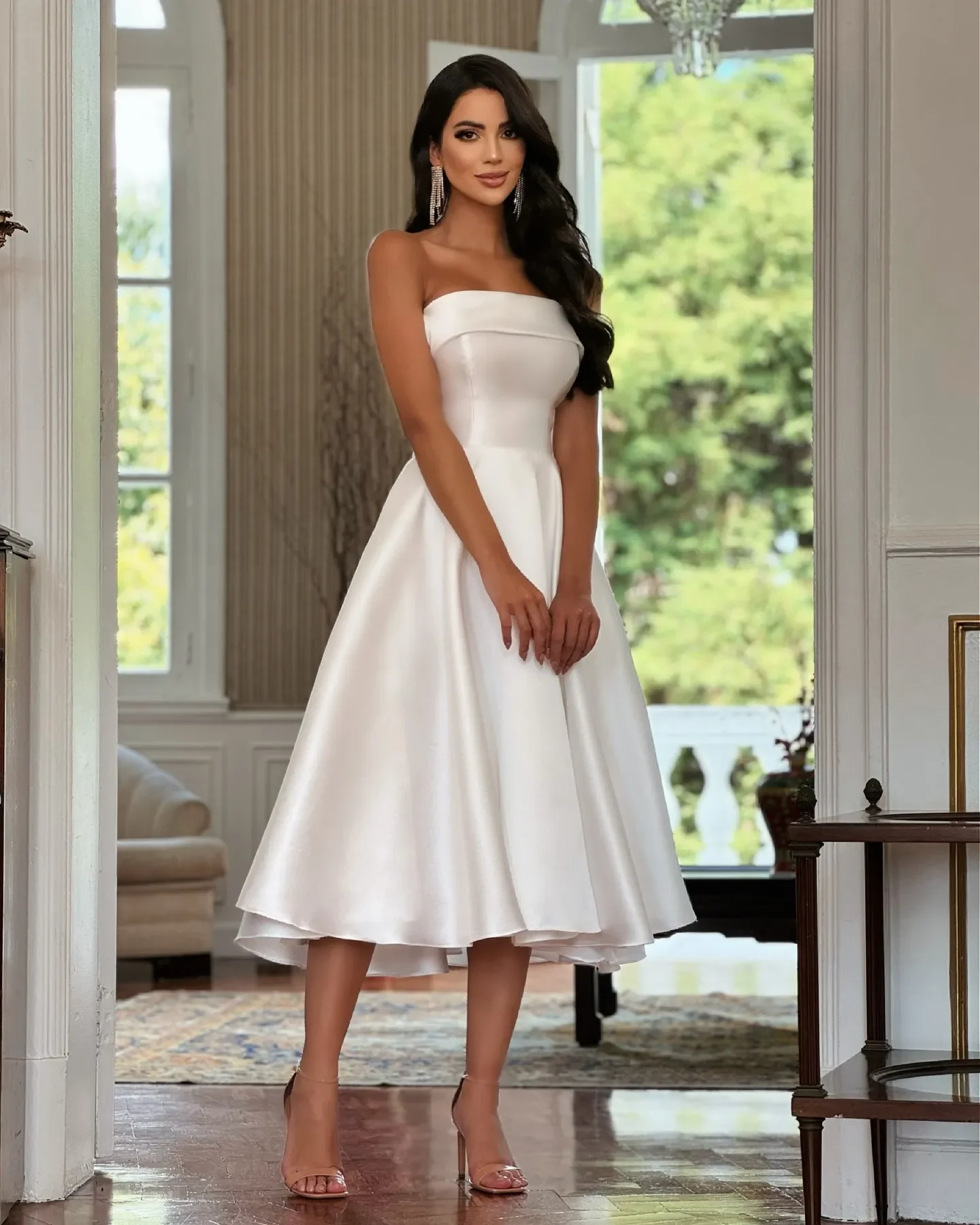 

Customized Stunning White Satin Evening Dresses Elegant Strapless Evening Gown Backless Tea Length Formal Dresses for Women