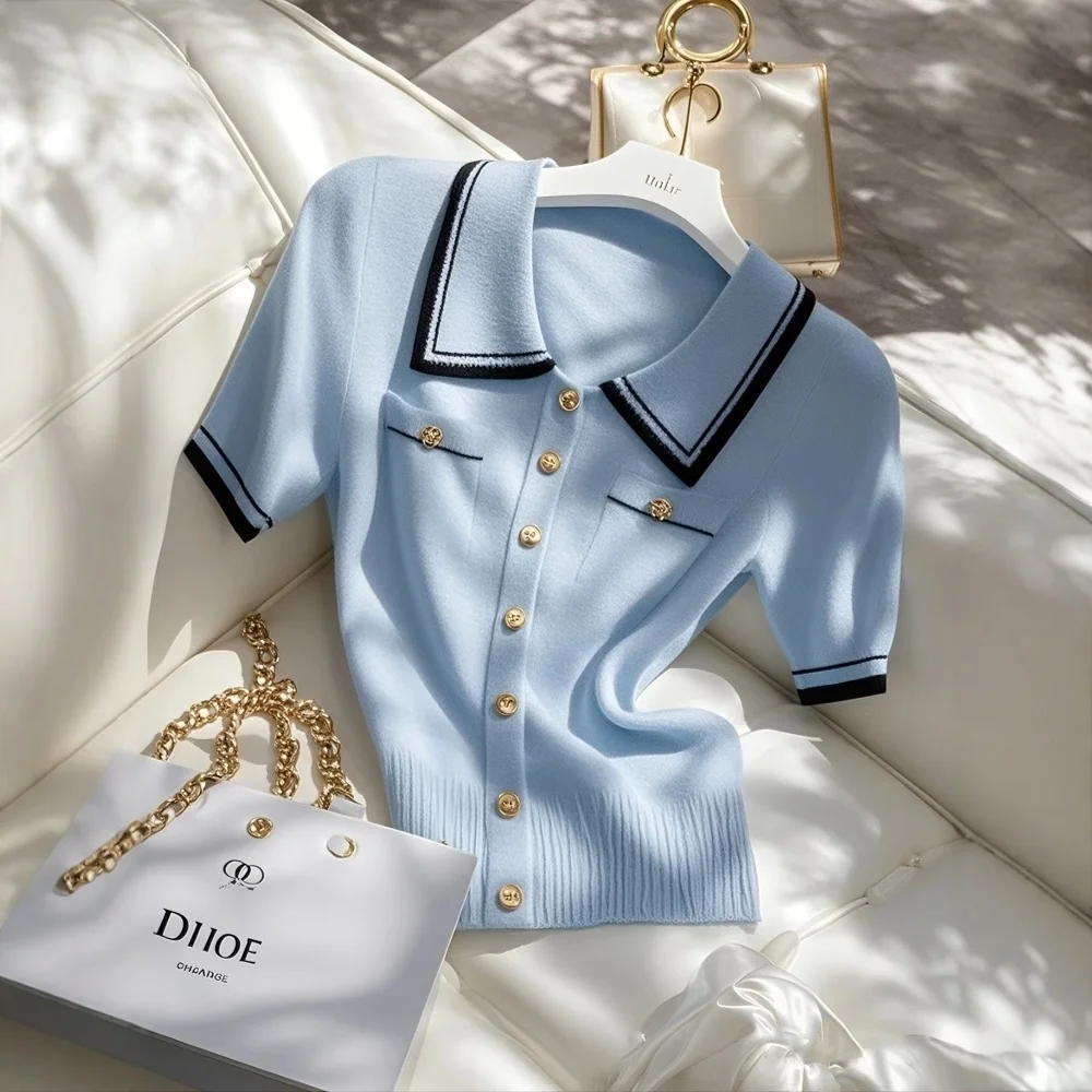 

Oule Blue Ne ort Sve вязаная футболка женская летняя высококачественная уникальная цветная блузка топ Quali удобная дышащая