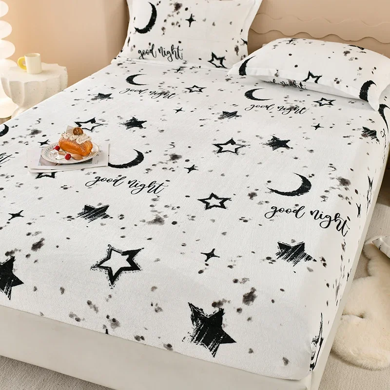 Winter Warm Fitted Sheet Stars Pinted Flannel Fleece Bed Sheet For Double Bed Queen/King Size All-inclusive Mattress Cover180