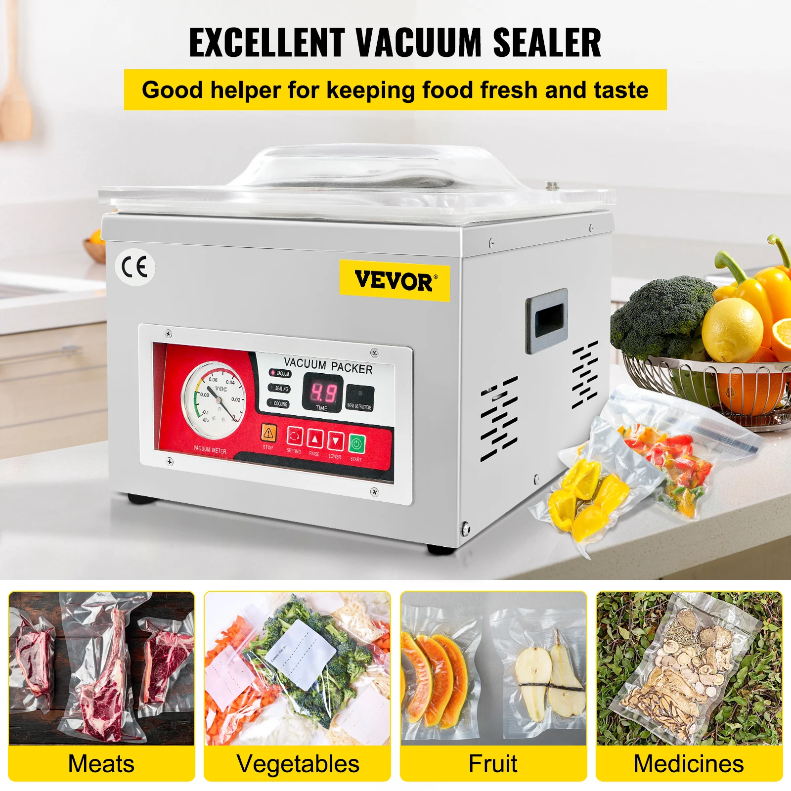 VEVOR Chamber Vacuum Sealer, 260W Vacuum Packing Machine for Wet Foods, Marinades and More, Compact Size w/ 10.2