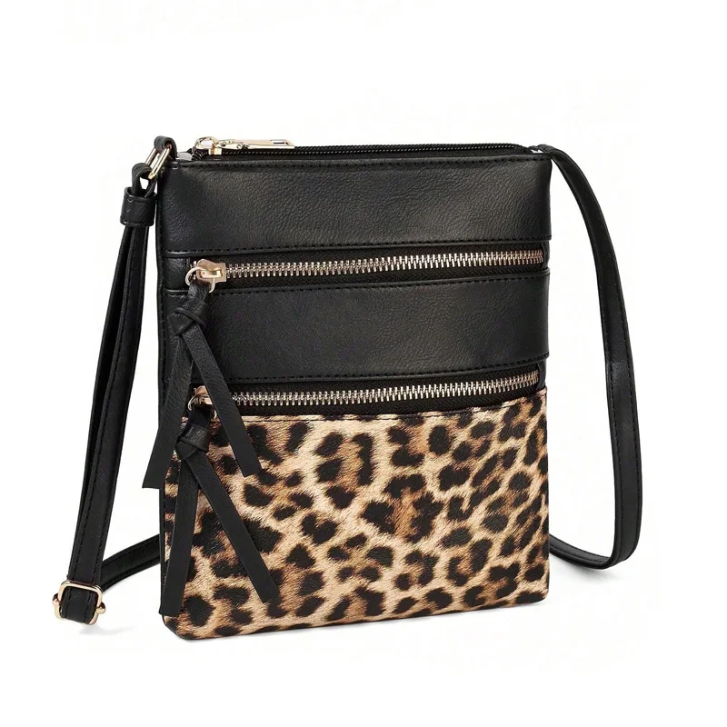 Double Zipper Leopard Pattern Crossbody Bags For Women, Small Square Shoulder Bag Ladies Handbags Designer Phone Pocket