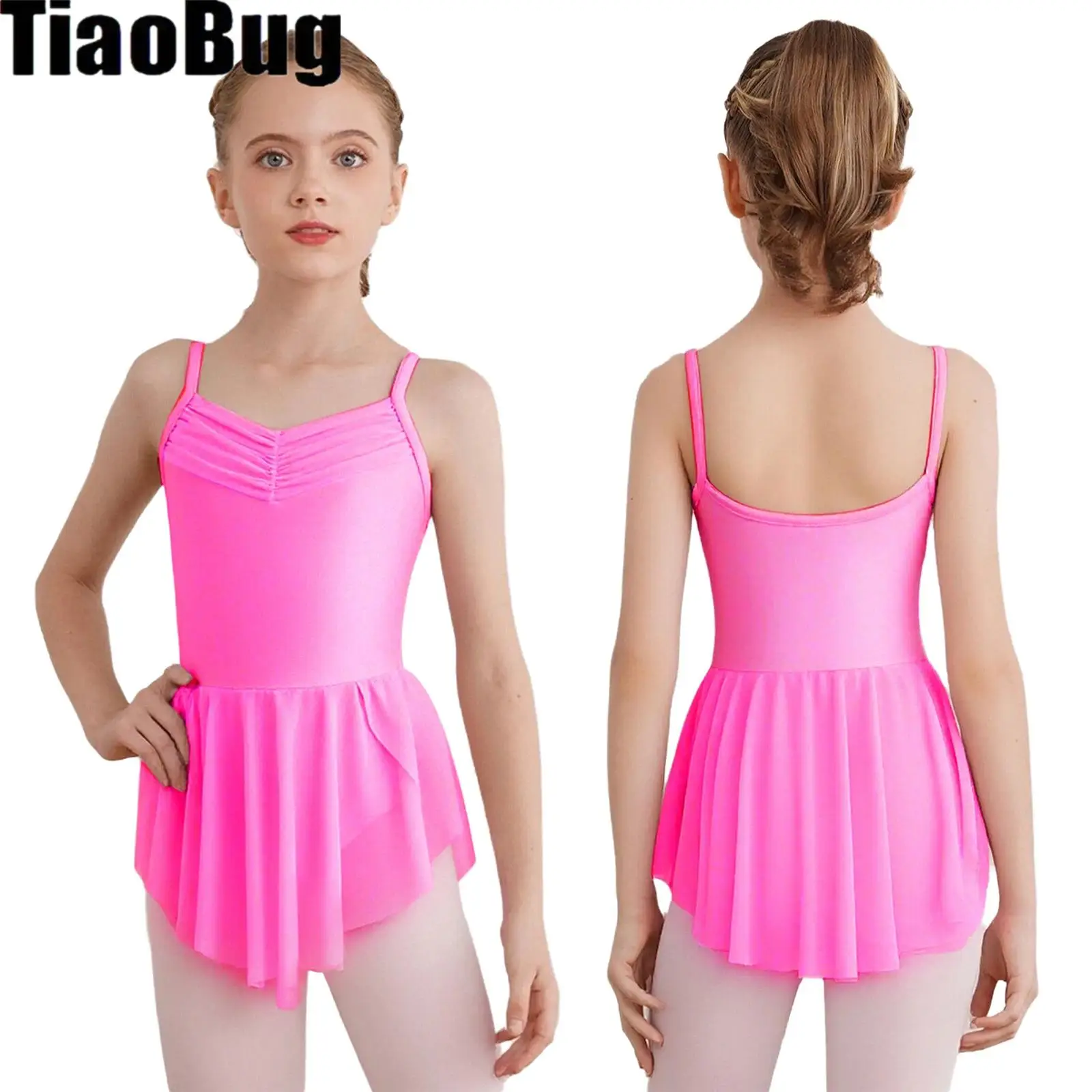 

Kids Girls Ballet Dresses Ruched V-Neck Spaghetti Straps Sides Split Dance Dress with Briefs for Practice Performance Costume